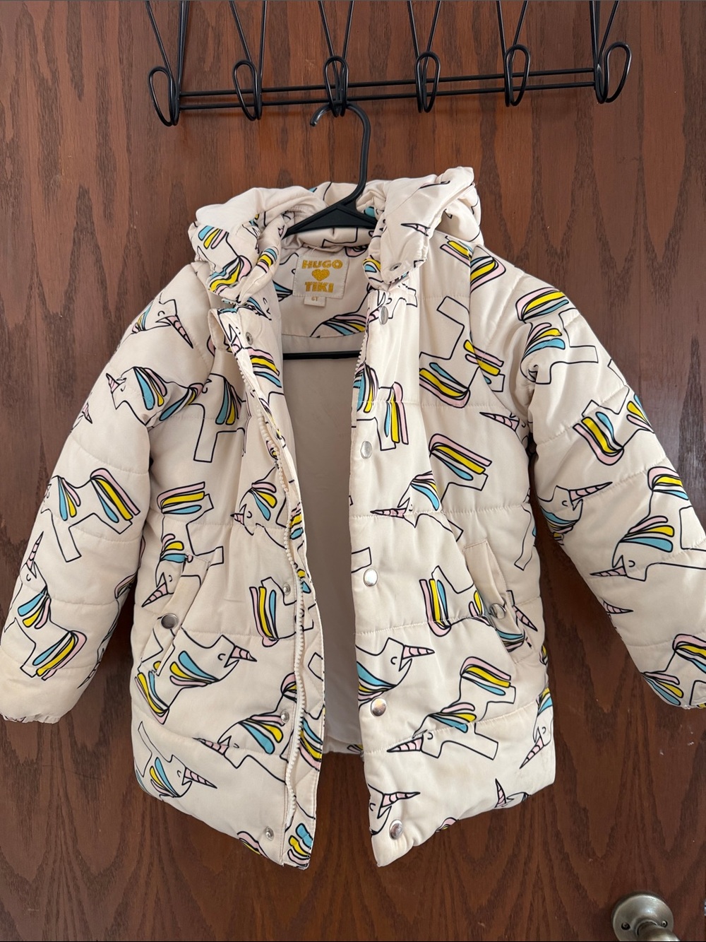 Hugo loves tiki Cream Unicorn-Print Puffer Jacket with Hood